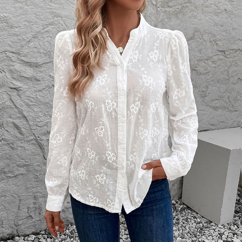 Women's Blouses Shirts Office Women's Stand Collar Shirts Embroidered Chiffon Elegant Blouses Lace Decorated Blouses