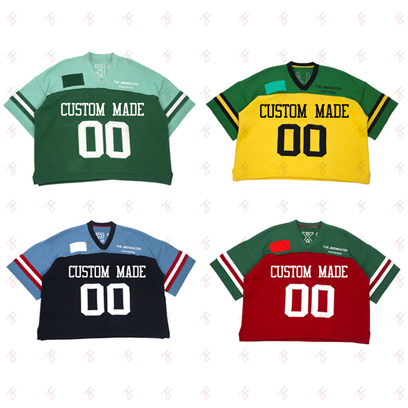 Knit Manufacturer Custom Logo Jacquard Embroidery Soccer V Neck Short Sleeve Top Knitwear Crop Men Sweater Knitted Jerseys