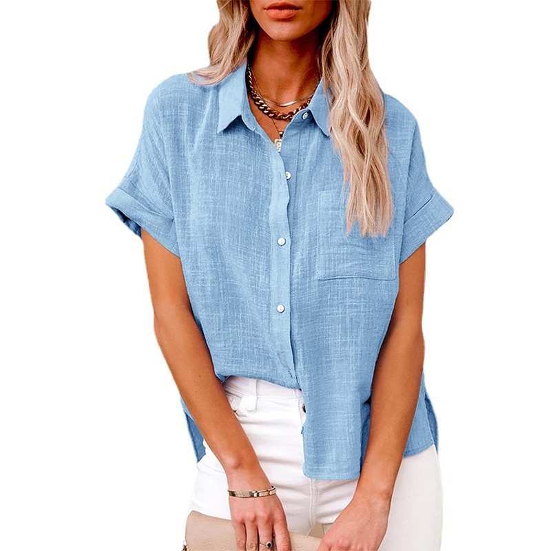 Hot Sale Women's Summer Linen Casual Shirt Short Sleeve Blouse Loose Fit Button Shirt