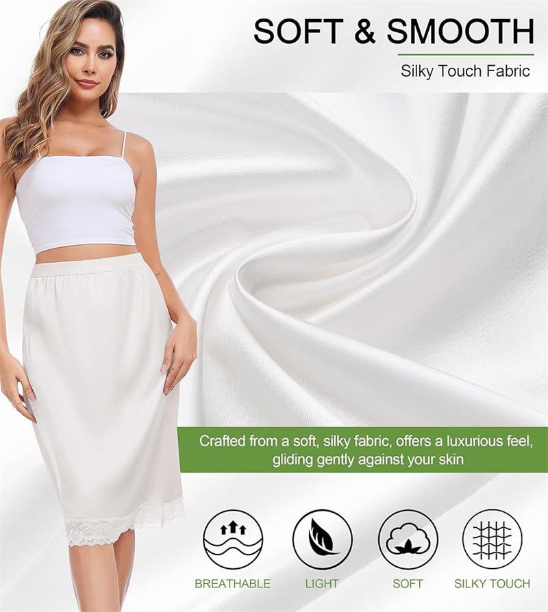 OEM/ODM Women Vintage Satin Lace Trim Anti-Static Long Underskirt Soft Slip Dress Satin Midi Skirt