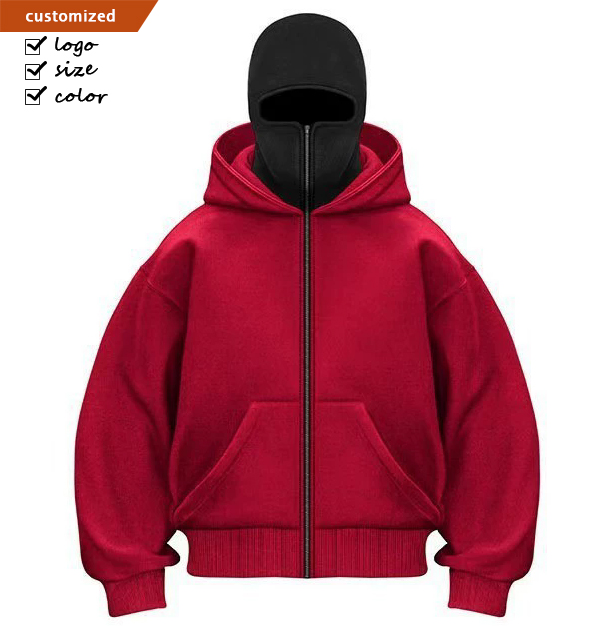 Custom Logo Embroidered Double Hood Ninja Double Layer Pullover Plus Size Heavy Full Zip Balaclava Hoodie Mens Gangster Hoodie