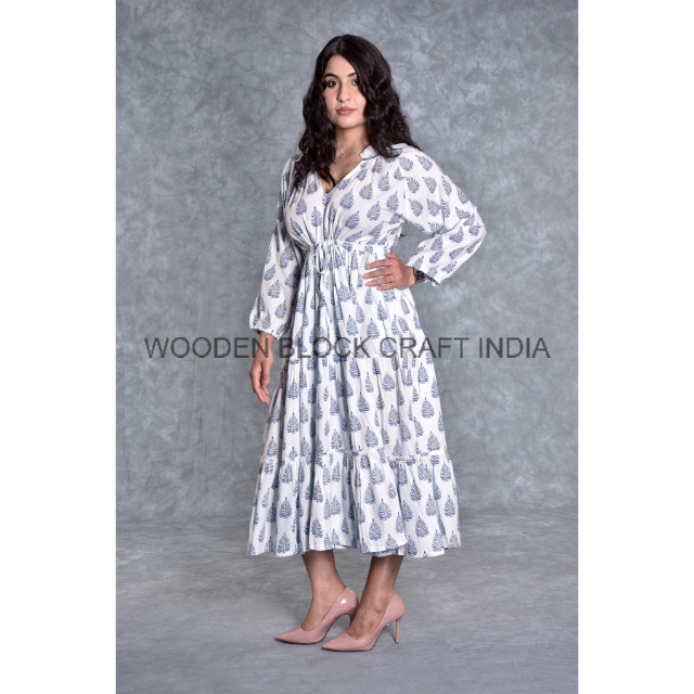 Trending 100% Cotton Dress for Women Indian Maxi Dress Long Sleeve Elegant Floral Printed Boho Style Midi Party Wear Dress