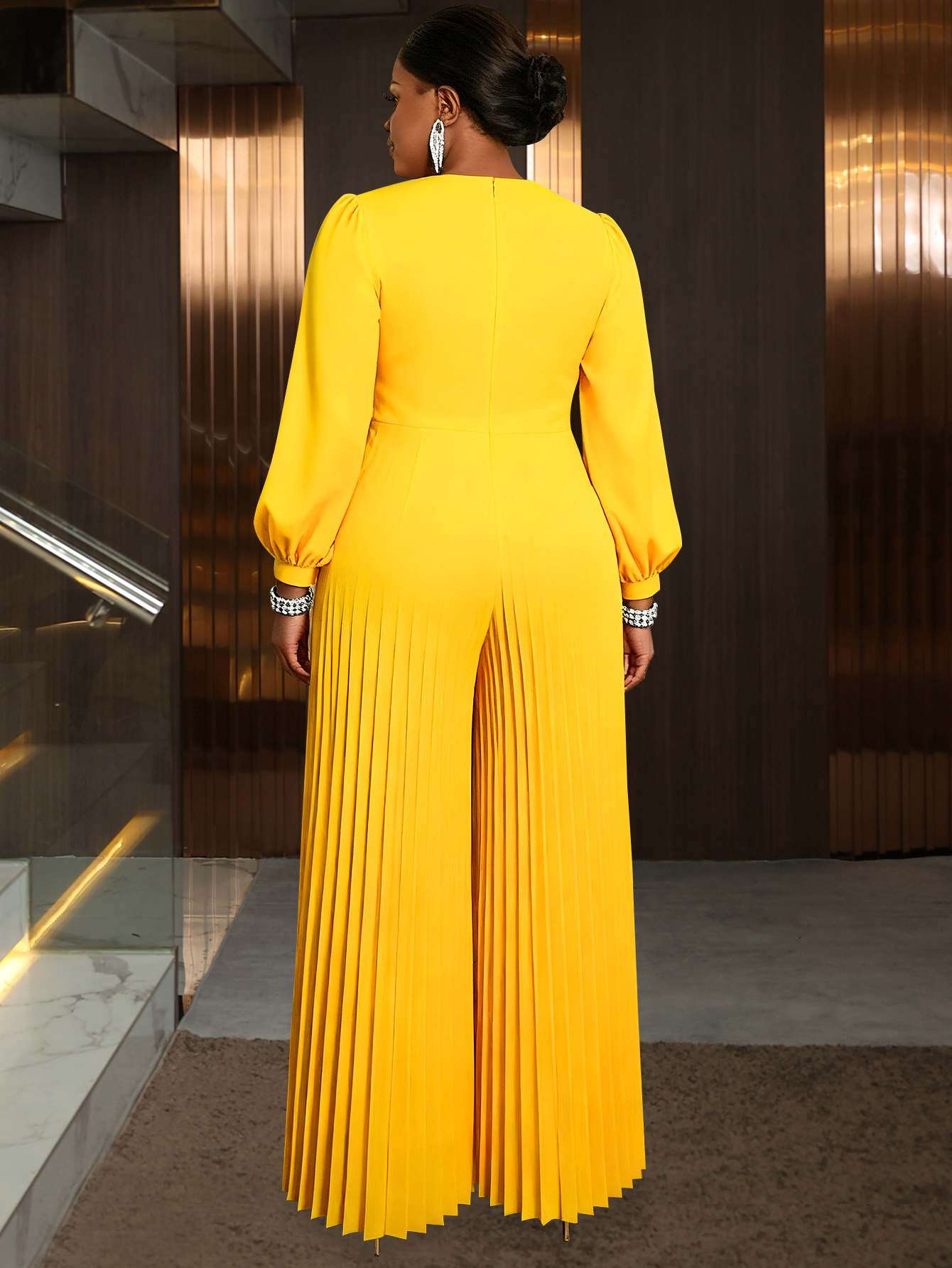 AM050934 O Neck Long Lantern Sleeve Beading Jumpsuit Flower Pleated Casual Wide Leg Playsuit