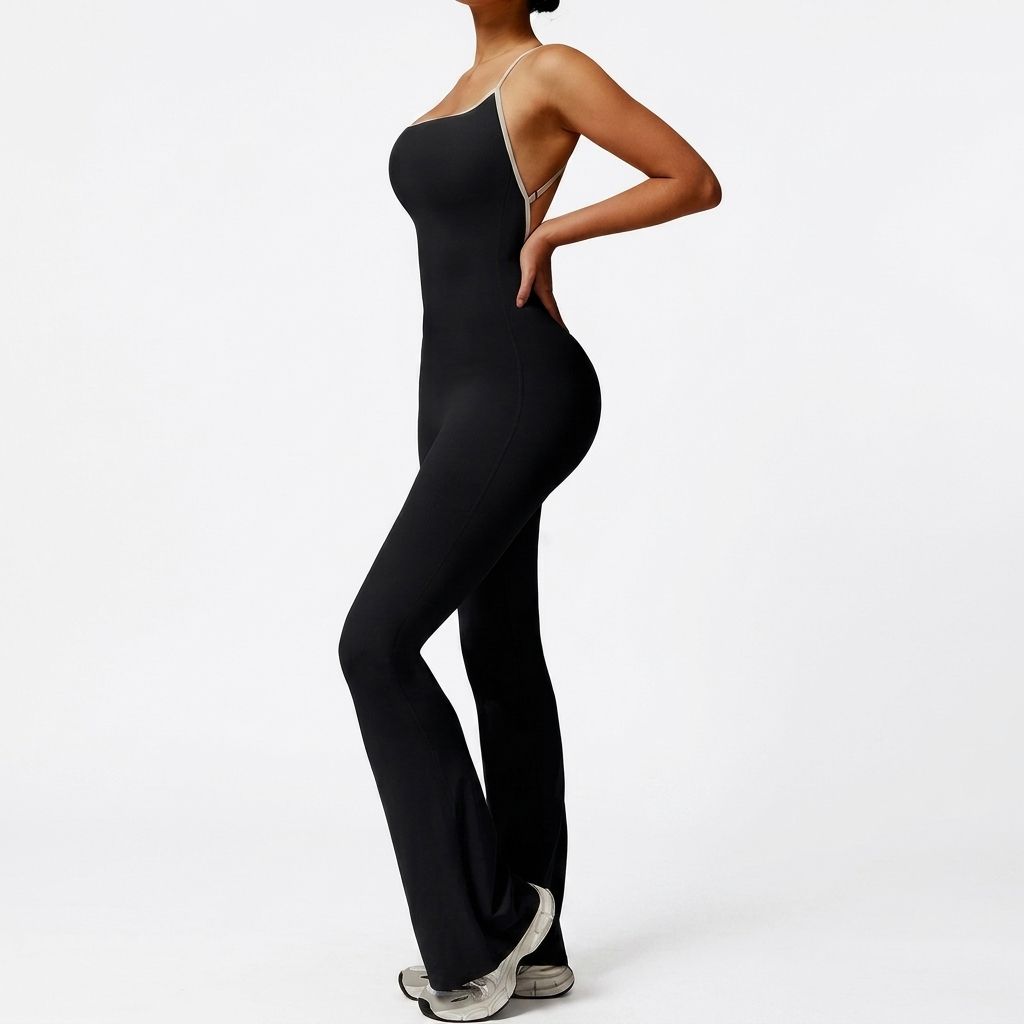 Wholesale Custom Logo Women Backless Yoga Jumpsuit Spaghetti Strap Flared Leg Bodysuit Gym Workout One Piece Bell Bottom Quick