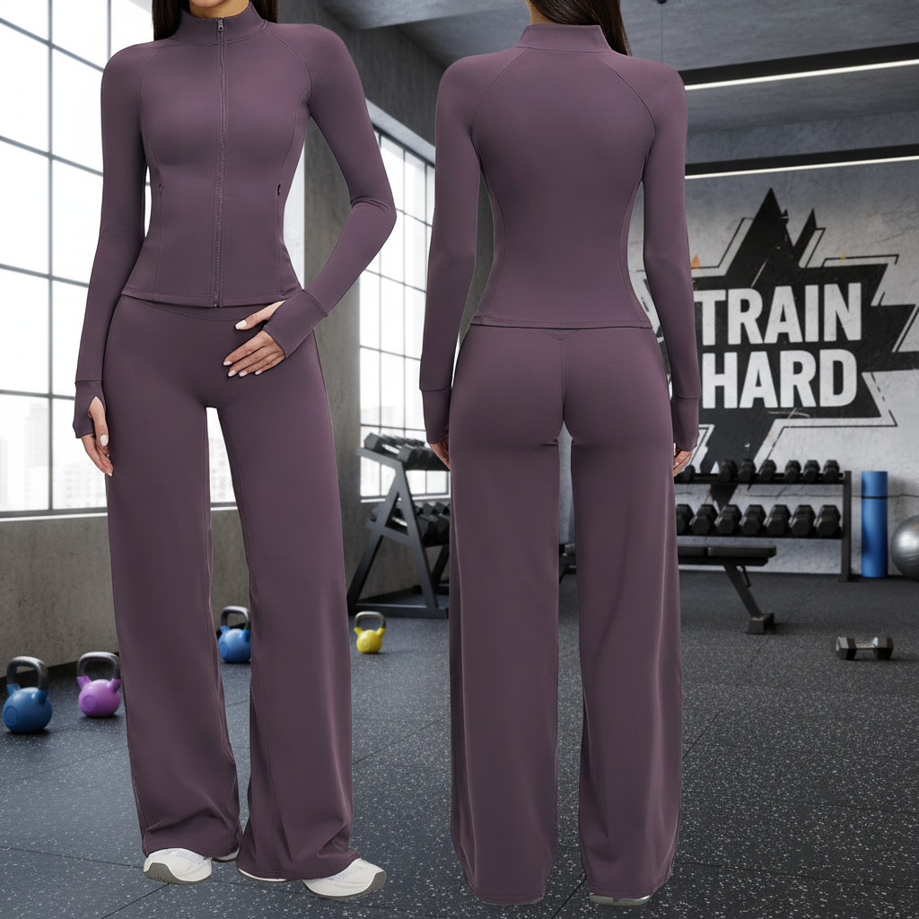 European American Breathable Lightweight Long Sleeve Yoga Suit Casual Yoga Coat Sports Running Fitness 2 Piece Set Front 4510