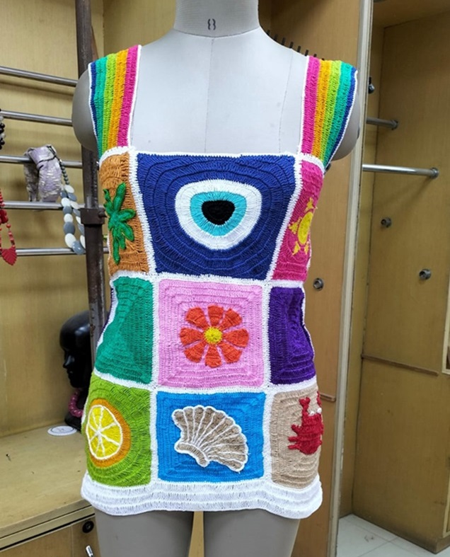 Hand Crochet Multicolour Patch Work Mini Dress with Natural Inspired Handmade Motifs