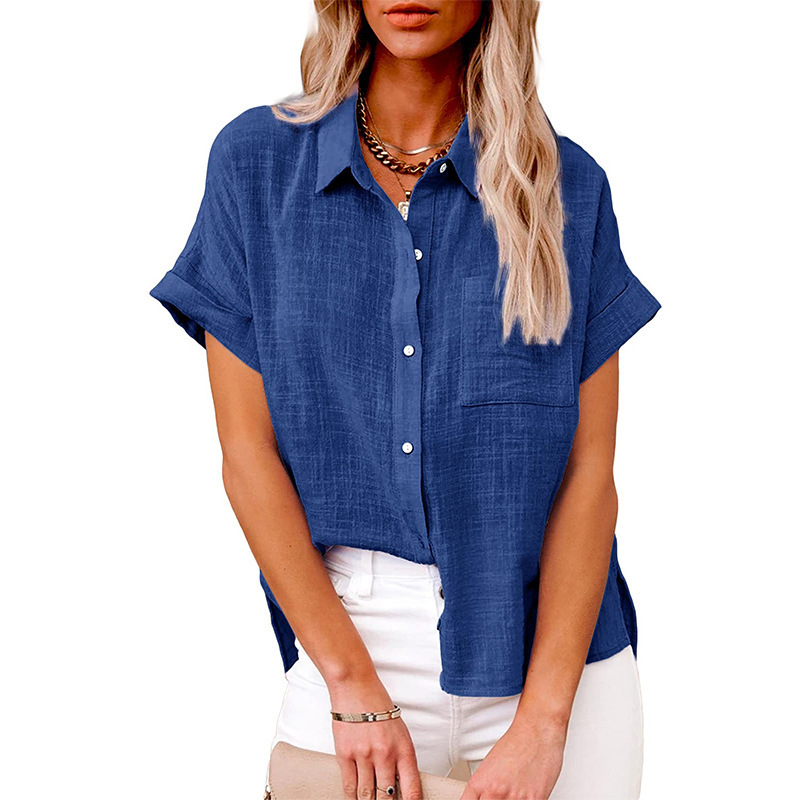 Hot Sale Women's Summer Linen Casual Shirt Short Sleeve Blouse Loose Fit Button Shirt