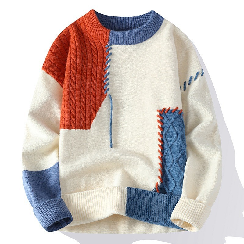 Autumn and Winter Warm Cashmere Sweater Knitted Men's Sweater Fashion Crew Neck Pullover Patch Street Wear Casual Men's Sweater