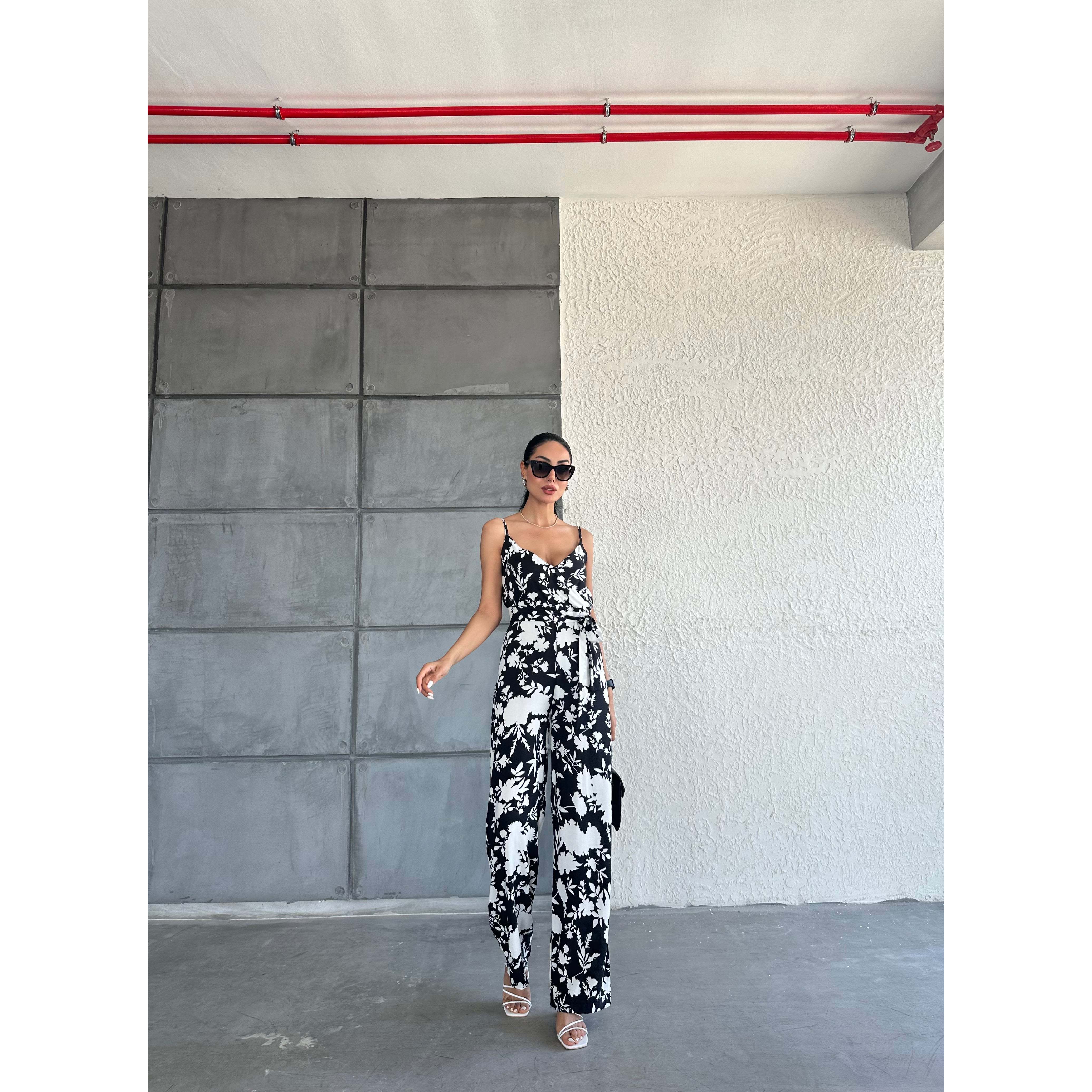 High Waist Patterned V-Neck Strappy Jumpsuit Breathable Chiffon Casual Style