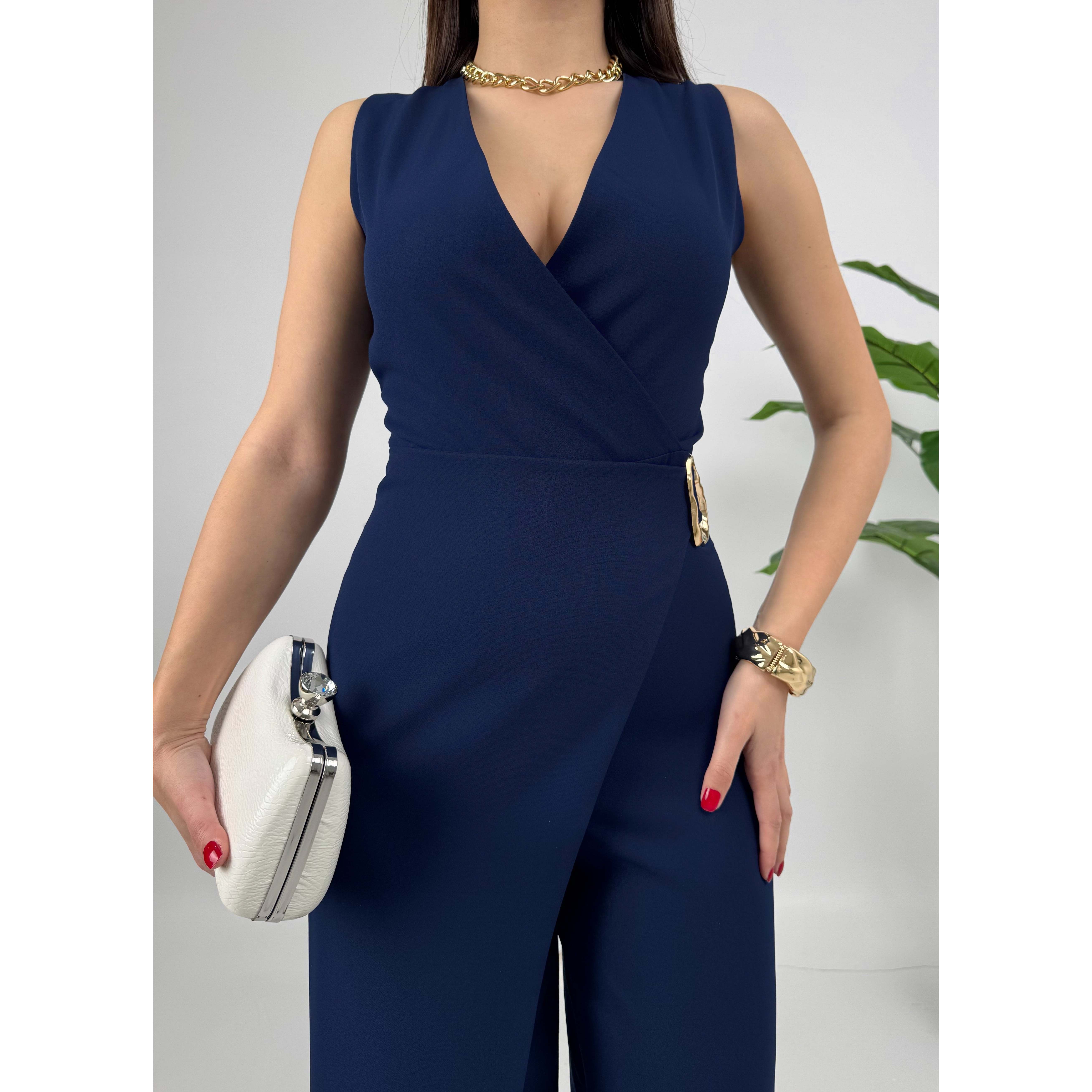 MissJANELL Women's 3019 Black Satin Jumpsuit with Waist Buckle Detail