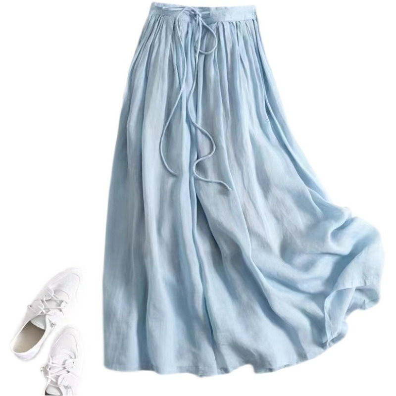 2026 Summer Polyester/Cotton Nonwoven Yarn Dyed A-Line Eco-Friendly Mid Length Solid Color Casual Women's Halfskirt