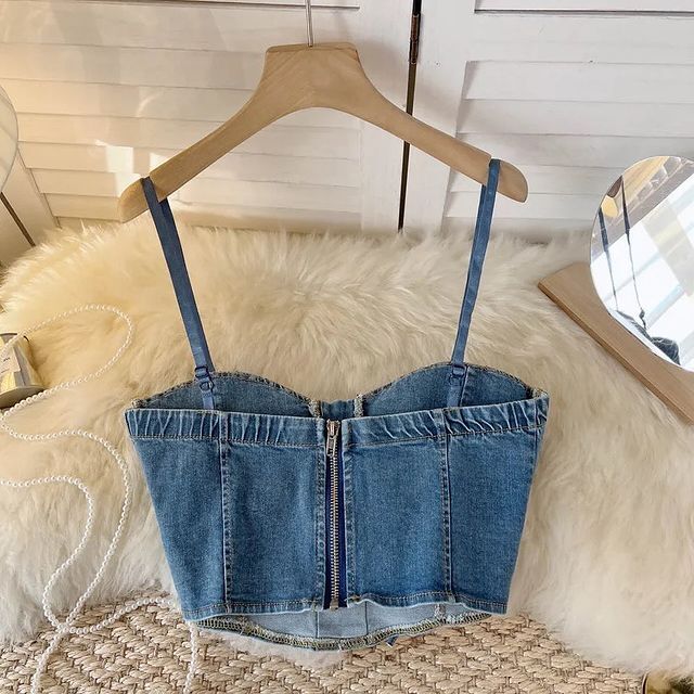 Women's Best Quality 100% Cotton Breathable Eco-Friendly Camisoles Removable Padded Front Lace Design Back Zip Jean Style