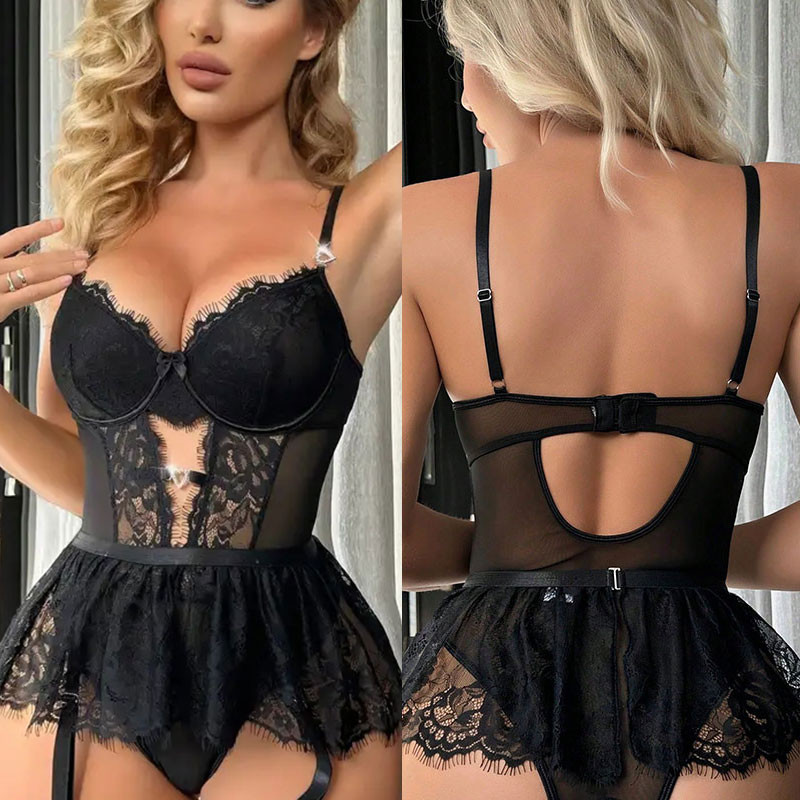 Women's Sexy Club-Style V-Neck Stretch Sleeveless Jumpsuit One-Piece Nylon Sheer Lace Strap See-Through Pajamas Playsuit All