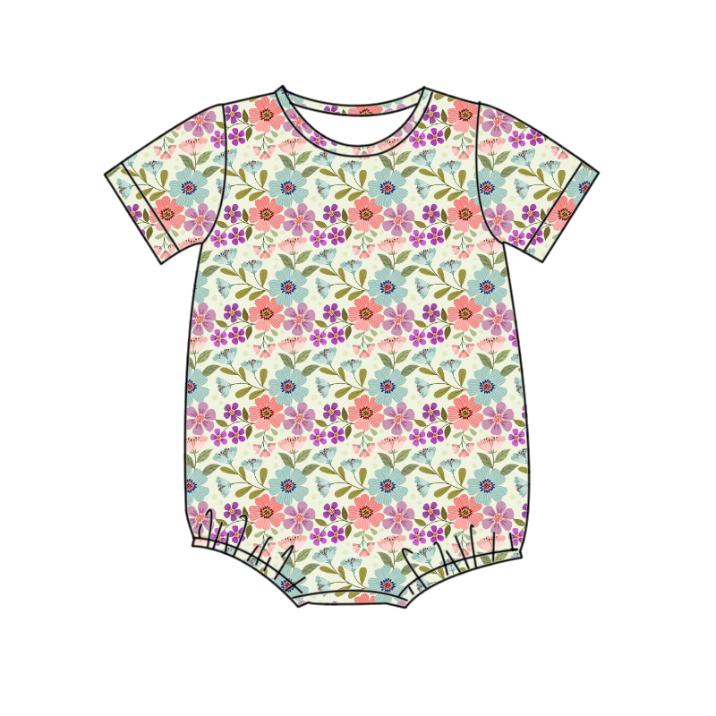 Hot Selling New Style Children Girls Romper Kids Summer Floral Printed Short Sleeves Comfortable Bubble Romper