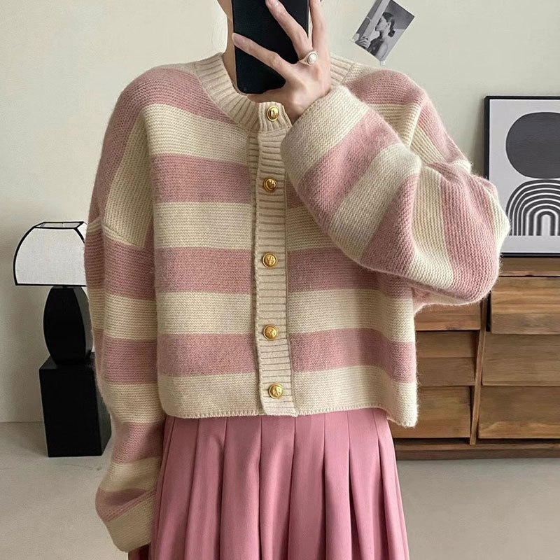 Womens Polyester Striped Knit Cardigan