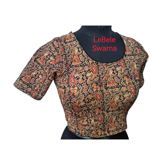 Women Plus Size Vintage Spring Autumn Winter Comfort Fit Stretchable Kalamkari Printed Blouse Readymade Saree Style Daily Wear