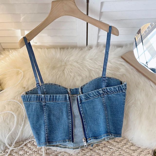Women's Best Quality 100% Cotton Breathable Eco-Friendly Camisoles Removable Padded Front Lace Design Back Zip Jean Style