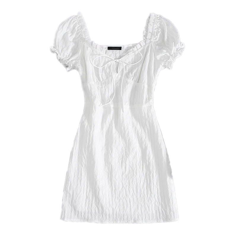 MANNI Style Dress Puff Sleeve Frill Trim Tie Front Crinkle Dress White Korea Full Summer Mini Casual Dresses