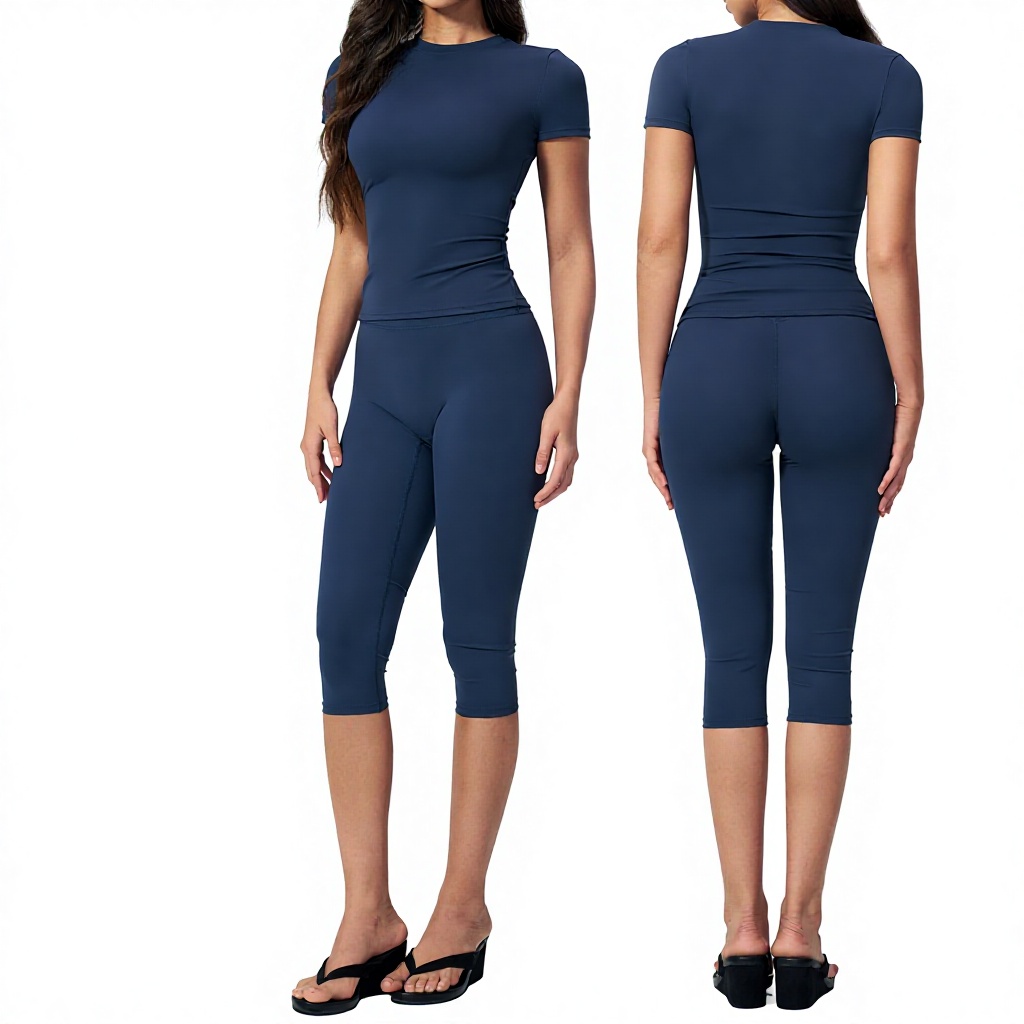 Breathable Solid Elastic Waist Yoga Suit Body Shaping High Waist Quick-Drying Fitness Suit Front Seven-Point Pants Sports Suit