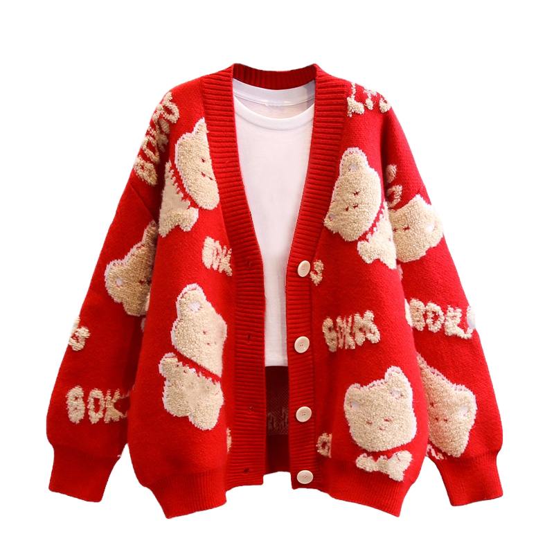 Women's Long Sleeve Cardigan with Bear Jacquard Print | Winter Knitted Jumper with Buttons | Wholesale Custom Casual Wear