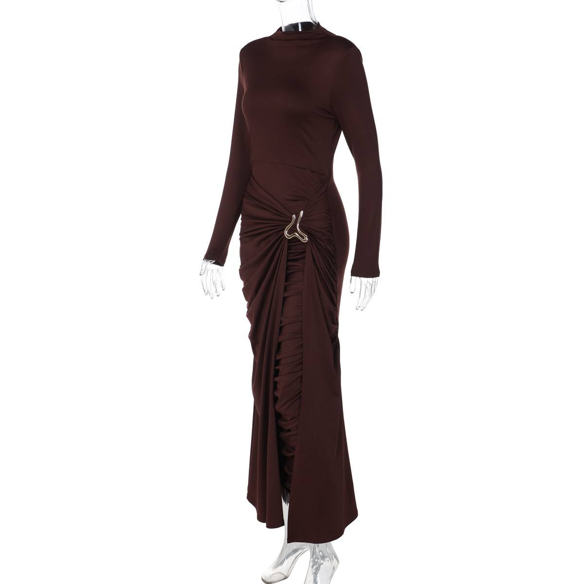 STOCK Two Colors Long Sleeve Women Dress Pleated Maxi Dress Casual Gown S-L