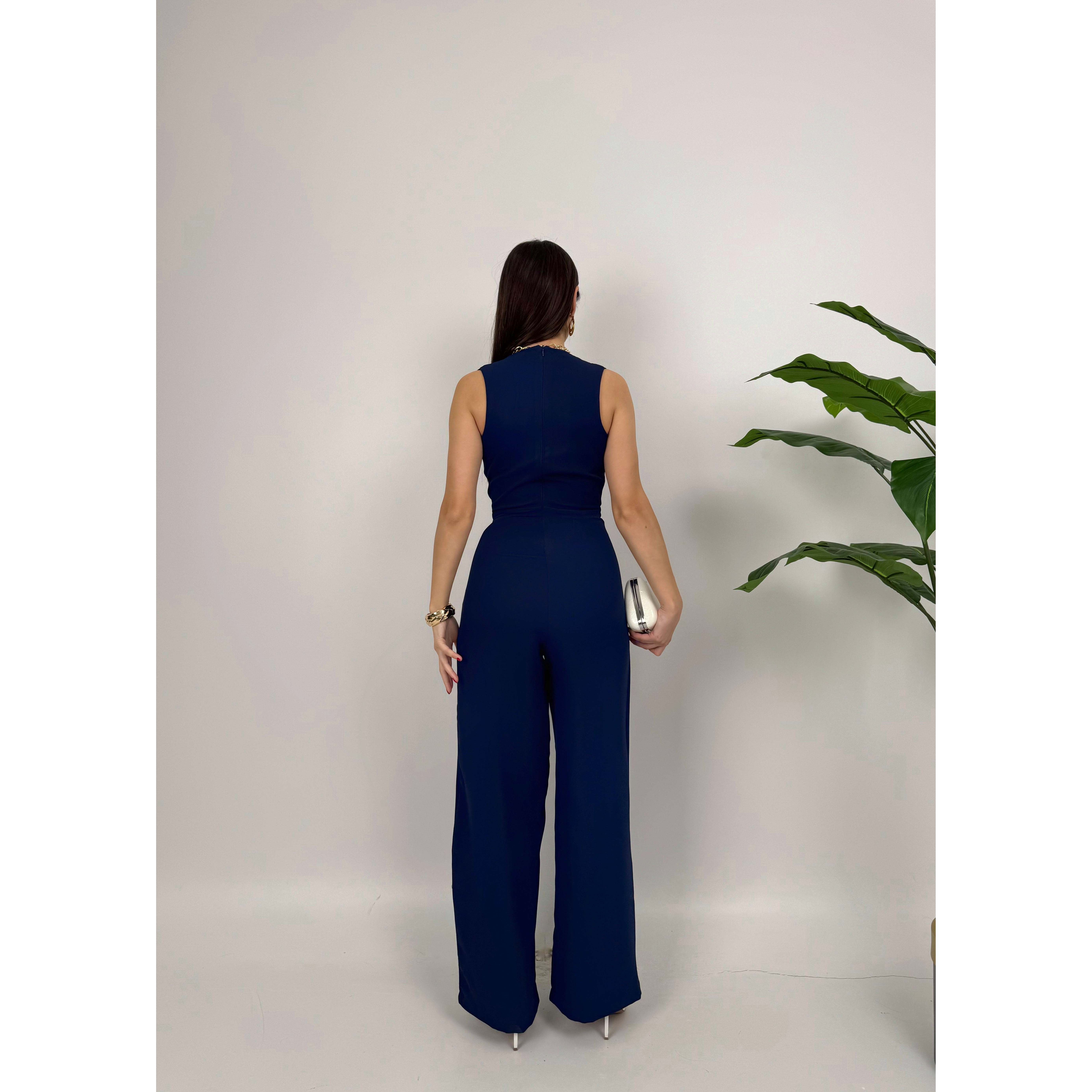 MissJANELL Women's 3019 Black Satin Jumpsuit with Waist Buckle Detail