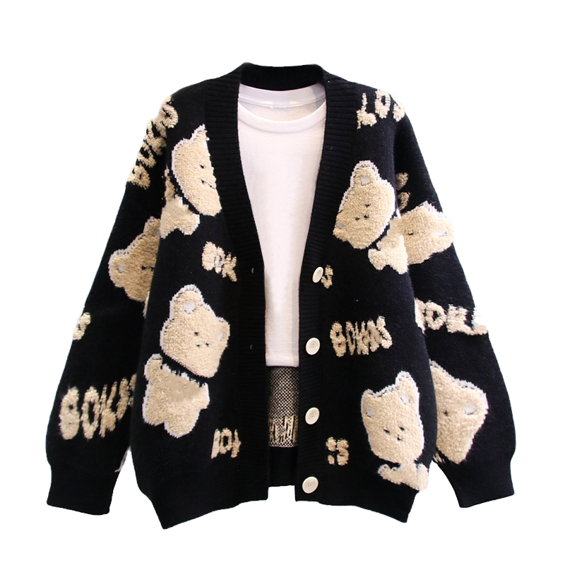 Women's Long Sleeve Cardigan with Bear Jacquard Print | Winter Knitted Jumper with Buttons | Wholesale Custom Casual Wear