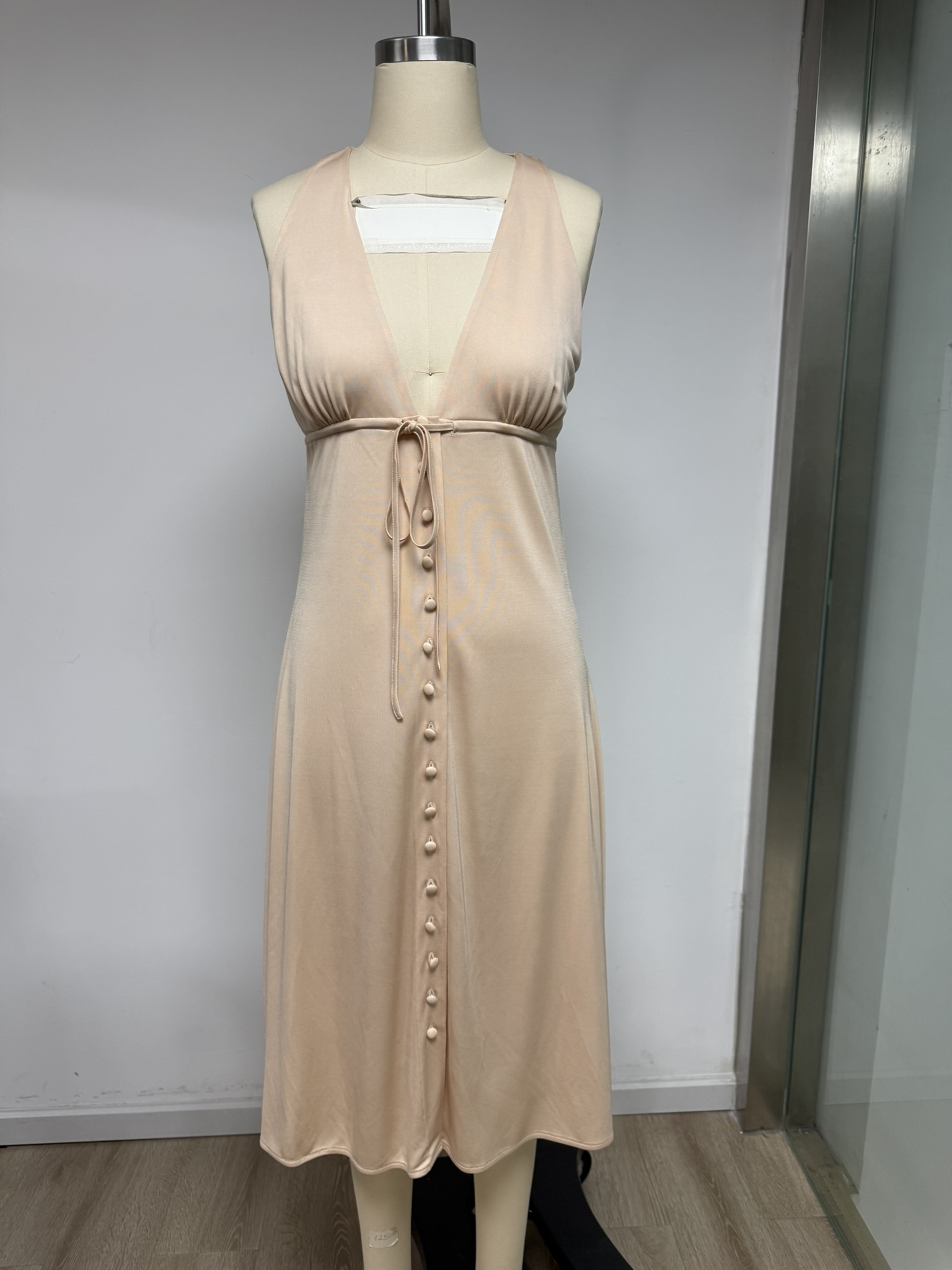 Women's Elegant A-Line Waist Tie Midi Dress Viscose Jersey Sleeveless Deep V-Neck Casual Party Wear Autumn Eco-Friendly Solid Detail View