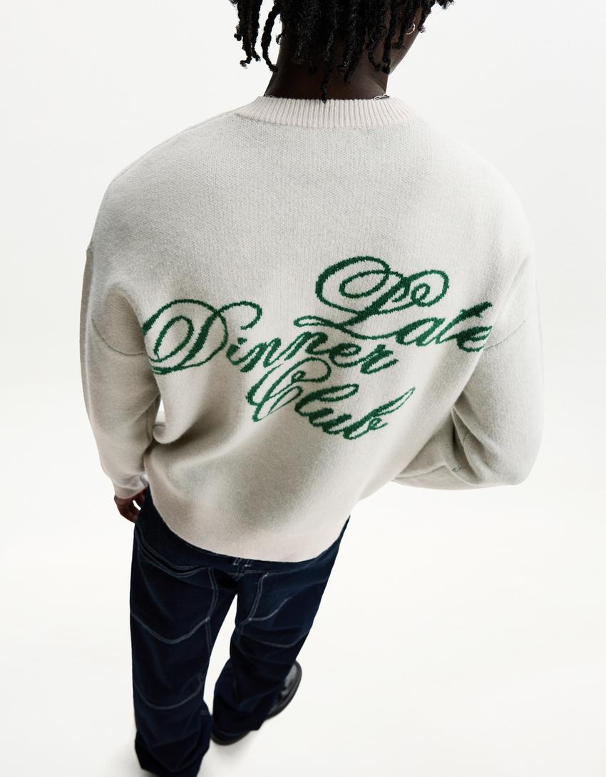 Custom Logo Casual Oversize Jacquard Letter Knit Top 100% Cotton Crew Neck Long-sleeve Jacquard Knit Sweater for Men