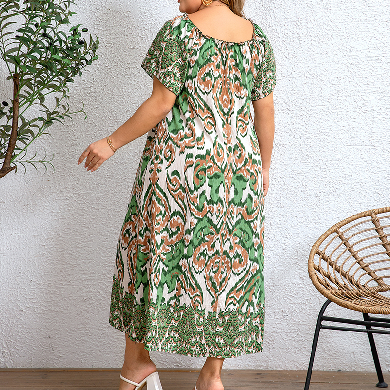 Full Print Women's Plus- Size Vacation Dress Short Sleeves Pleated Design Square Neck Loose Midi Skirt Beach Seaside Wear Casual