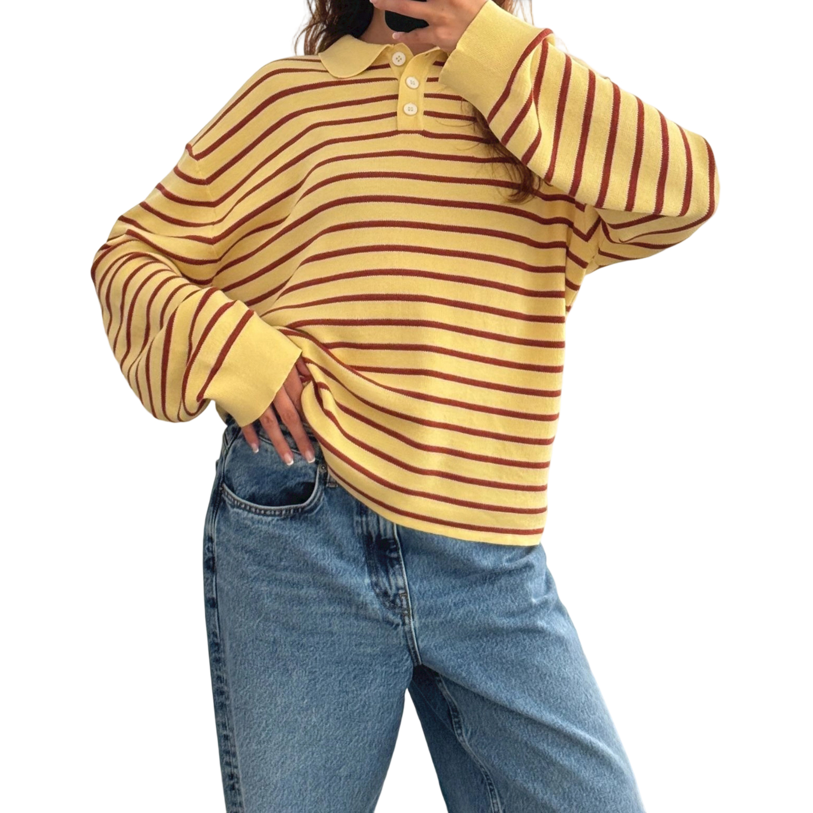 Women Y2K Vintage Striped Contrast Color Button Sweater Loose Fit Casual Long Sleeve Pullover