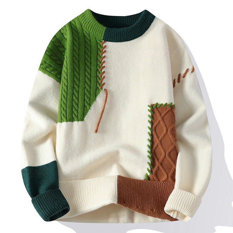 Autumn and Winter Warm Cashmere Sweater Knitted Men's Sweater Fashion Crew Neck Pullover Patch Street Wear Casual Men's Sweater