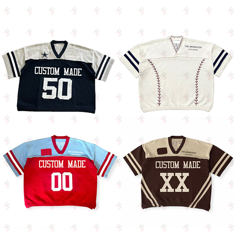 Knit Manufacturer Custom Logo Jacquard Embroidery Soccer V Neck Short Sleeve Top Knitwear Crop Men Sweater Knitted Jerseys