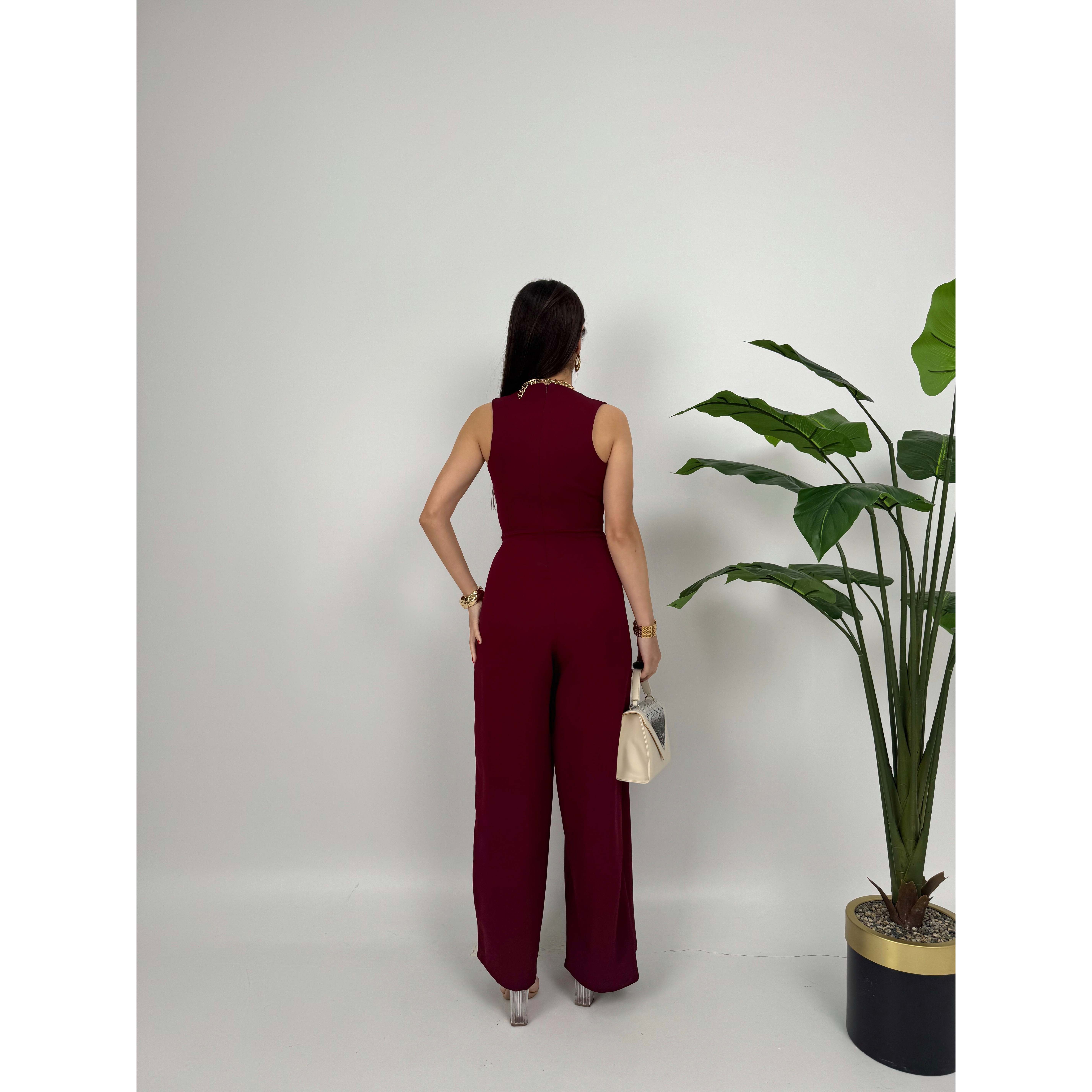 MissJANELL Women's 3019 Black Satin Jumpsuit with Waist Buckle Detail