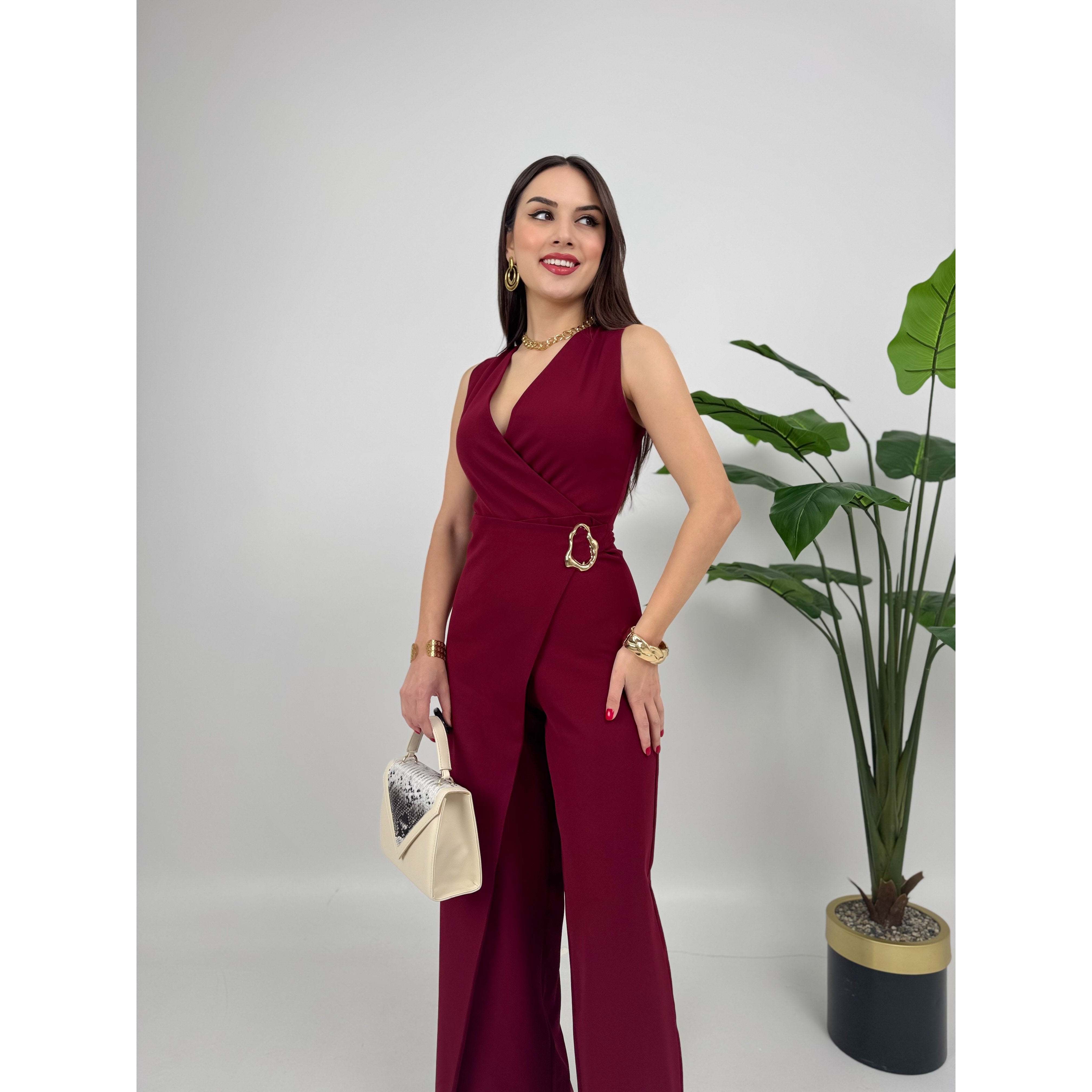 MissJANELL Women's 3019 Black Satin Jumpsuit with Waist Buckle Detail