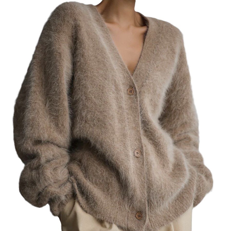 Women's 2026 Winter Casual Style Thick V-Neck Cardigan Sweater With Button Front Logo Fuzzy Mohair Knitted Loose Fit