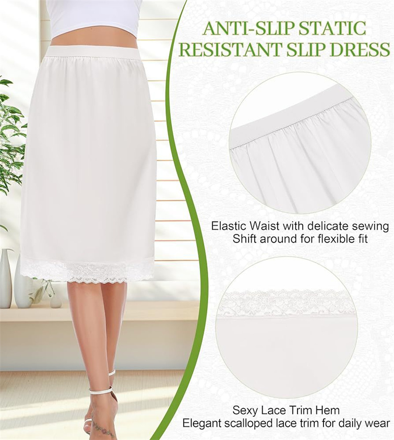 OEM/ODM Women Vintage Satin Lace Trim Anti-Static Long Underskirt Soft Slip Dress Satin Midi Skirt