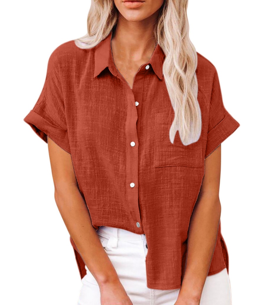 Hot Sale Women's Summer Linen Casual Shirt Short Sleeve Blouse Loose Fit Button Shirt