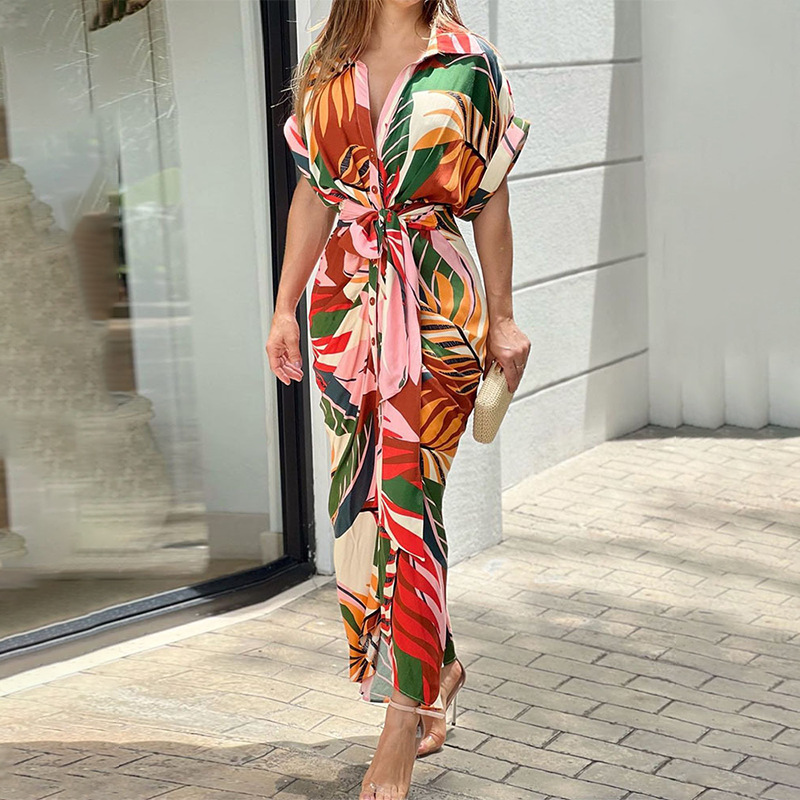 New Design Summer Multi Color Casual Bohemian Floral Short Sleeve Long Maxi Dress for Women