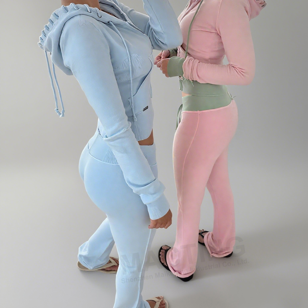 Custom Cotton Knit Y2k Flared Stack Jogging Tracksuits Female Cropped Slim Fit Hoodie Set Skinny Distressed Sweatsuit Women