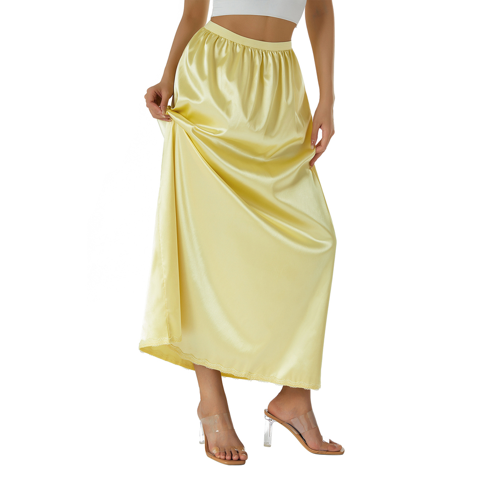 Women's Summer Casual Midi Skirt Half Slip Underskirt Solid Color Elastic Satin Waist Inner Lining Breathable Natural Waistline