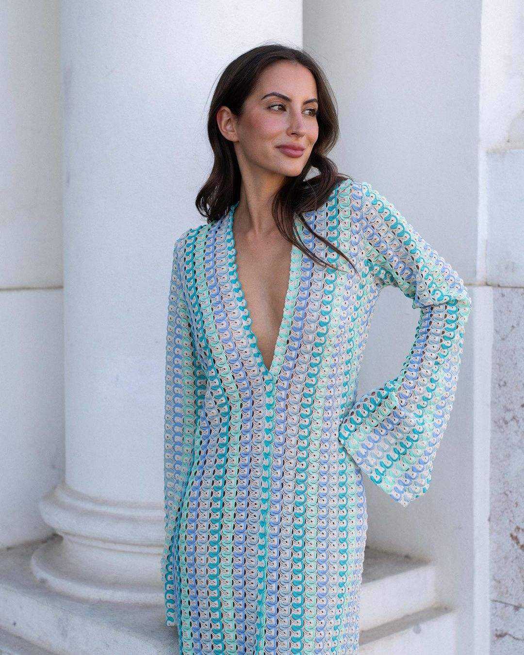 Women Knit Split Flare Sleeved Maxi Dress Elegant Fashion Sexy Deep-V Hooked Crochet Robes Female Club Party Vacation Vestidos