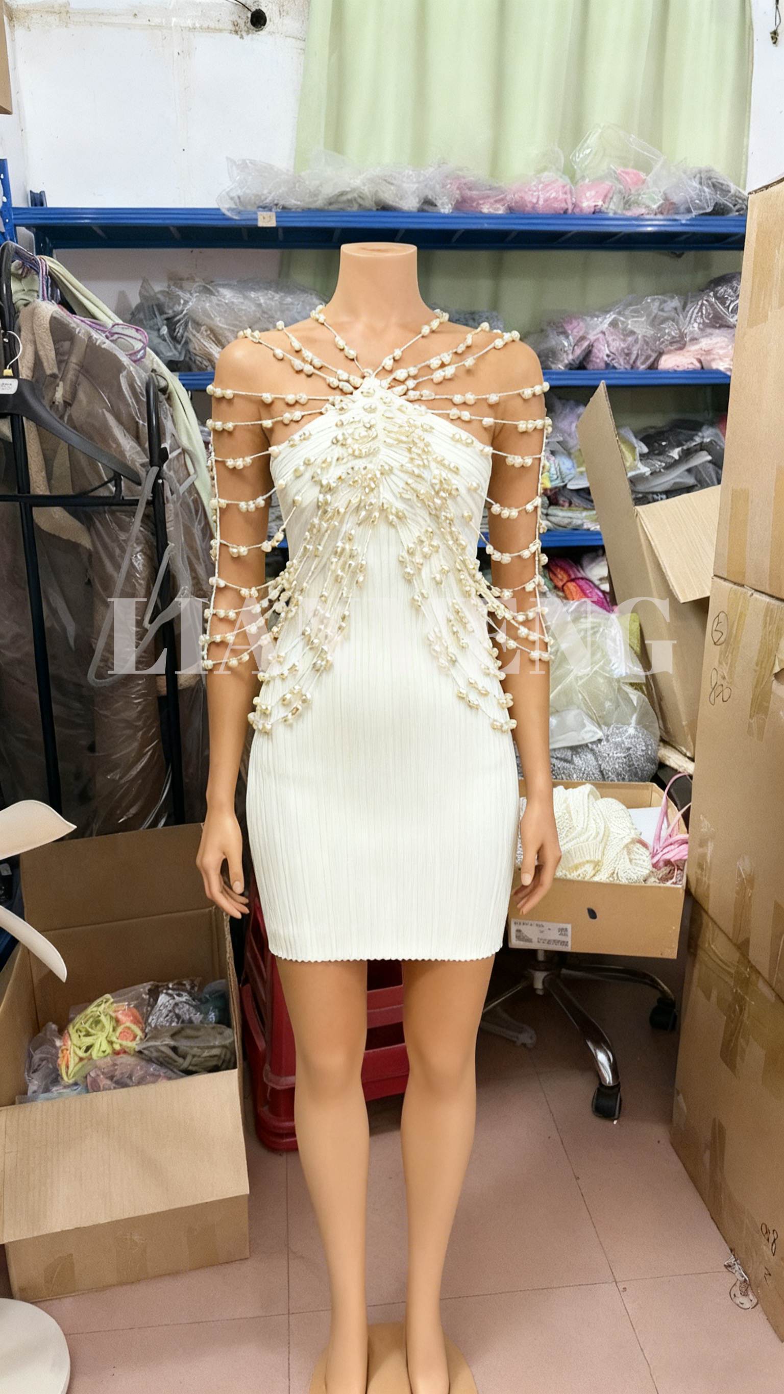 LM D132 Faux Pearl Embellished Mini Dress White Bodycon Silhouette Dress