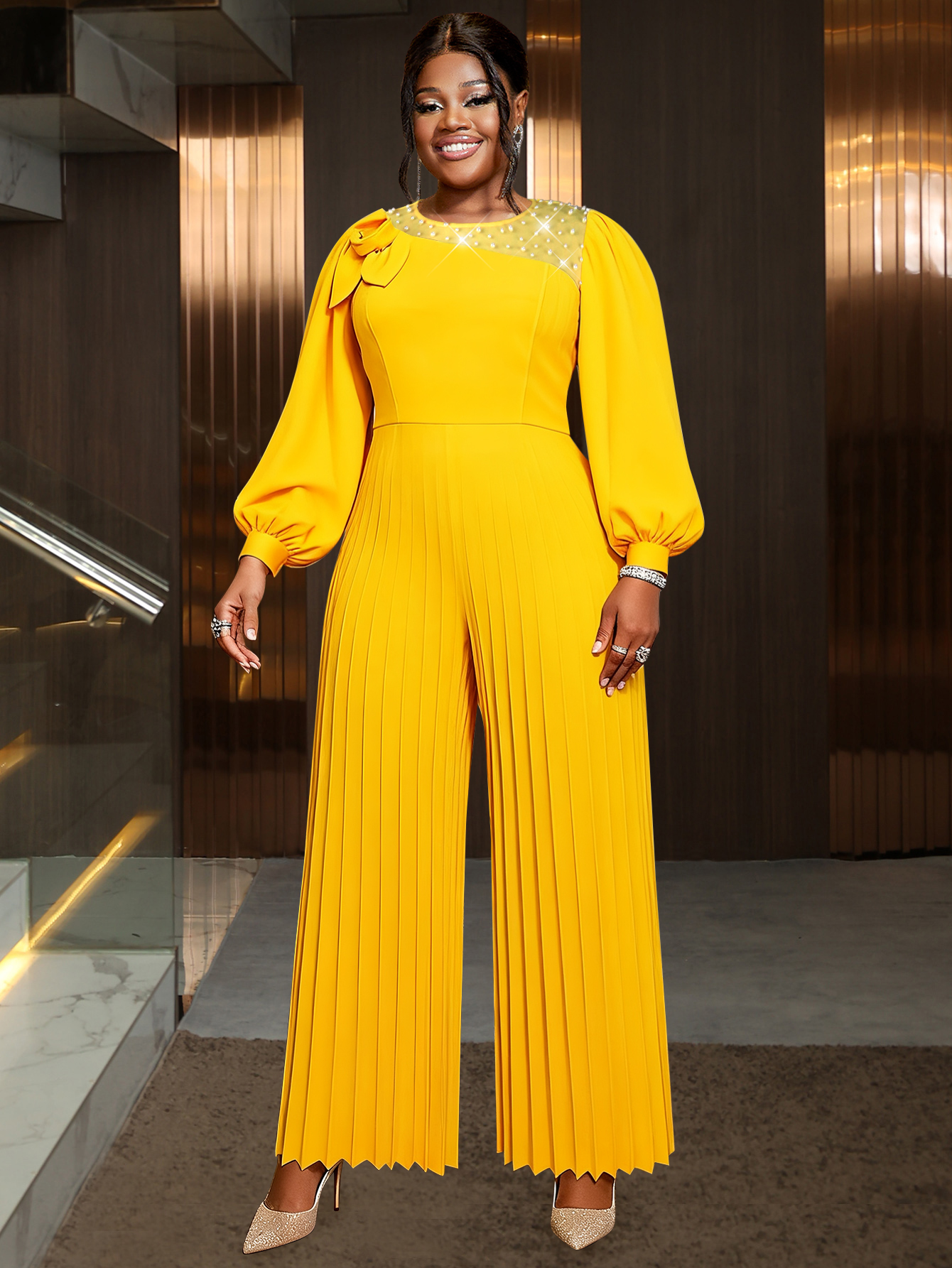 AM050934 O Neck Long Lantern Sleeve Beading Jumpsuit Flower Pleated Casual Wide Leg Playsuit