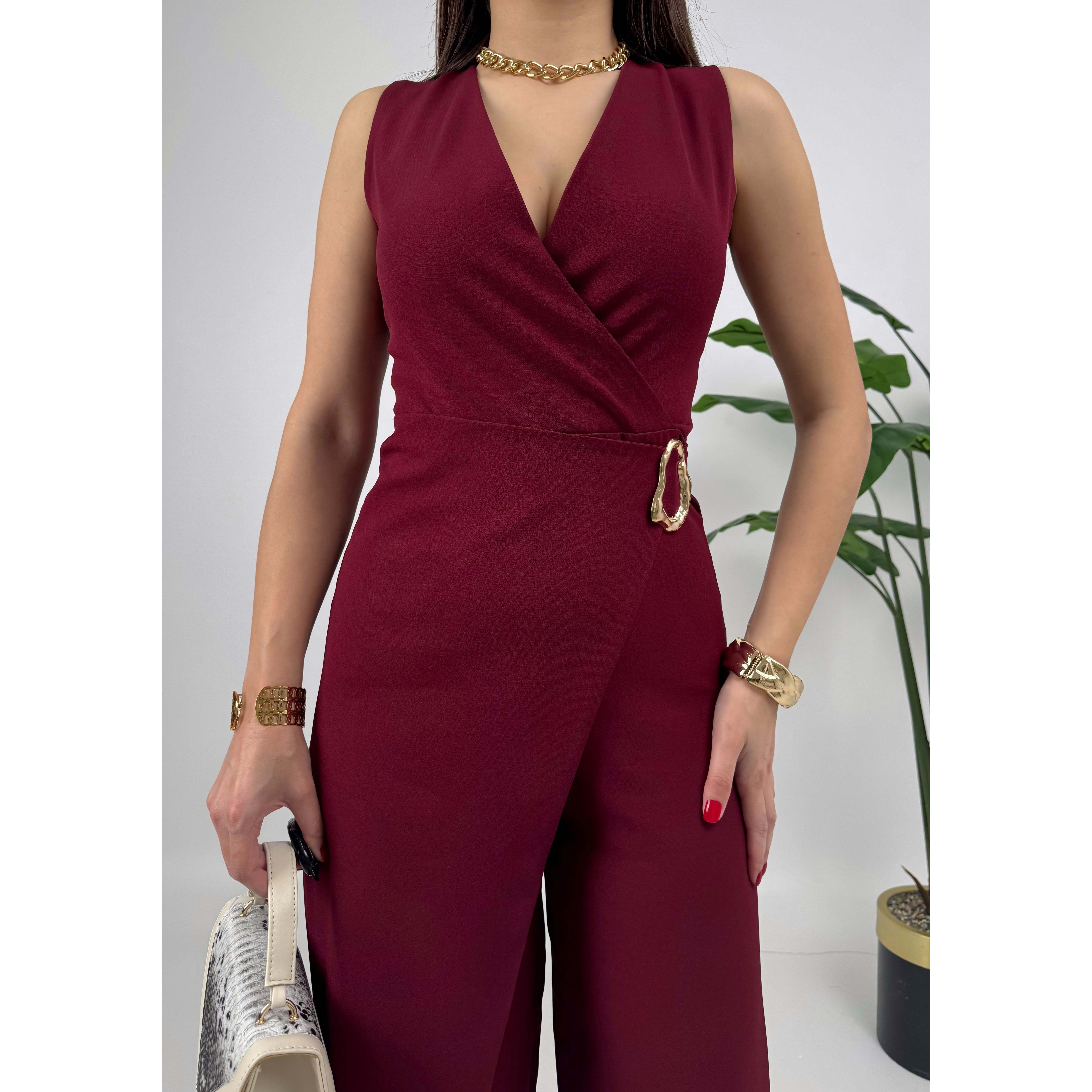 MissJANELL Women's 3019 Black Satin Jumpsuit with Waist Buckle Detail