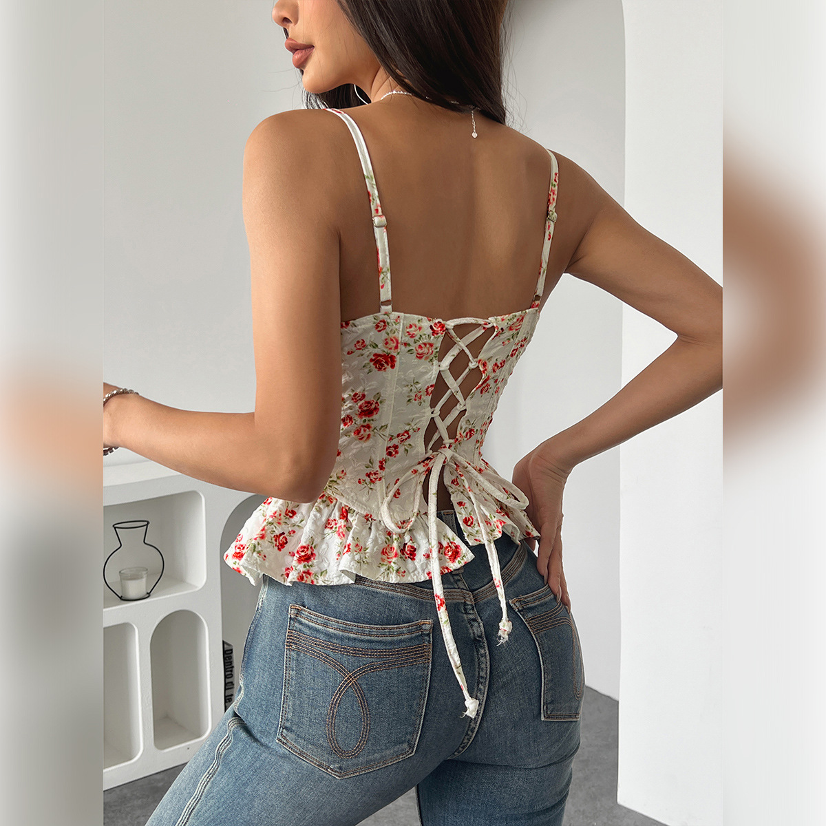 Butter Yellow Floral Print Sleeveless Embroidery Peplum Corset Cami Top Romantic Cottagecore Waist Trainer Bustier for Women