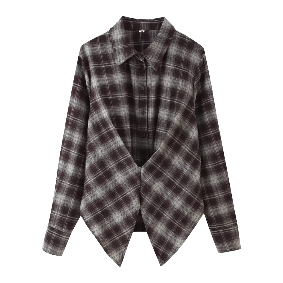 Women 2026 Autumn Lace Casual Woven Blouses Loose Lapel Cinched Waist Check Vintage Long Sleeve Chic Tops