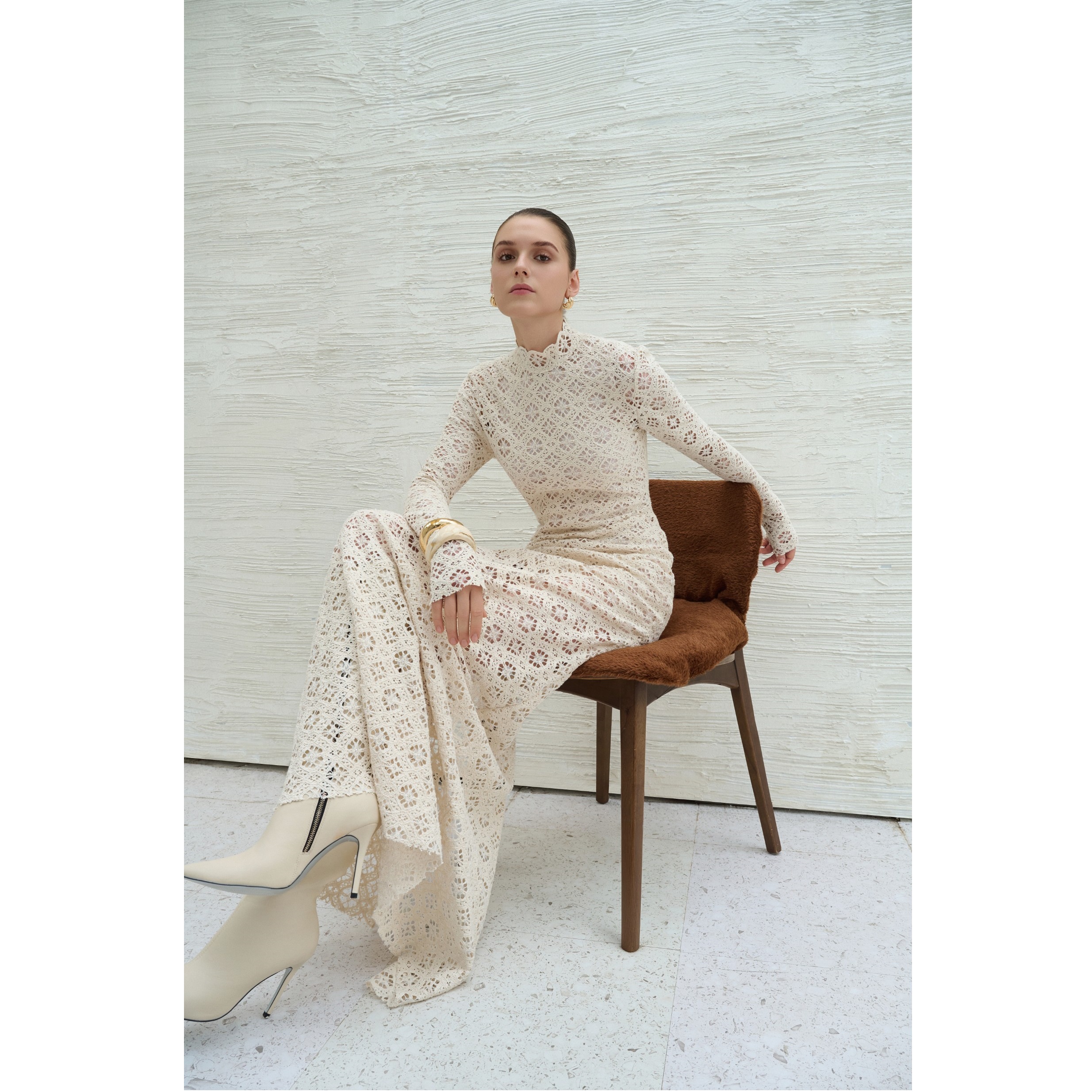 Hot Selling Maxi ODM Dresses Women Casual BINNAT EMB LACE LONG DRESS IVORY A-Line Regular Anti-Wrinkle Breathable Elegant Dress