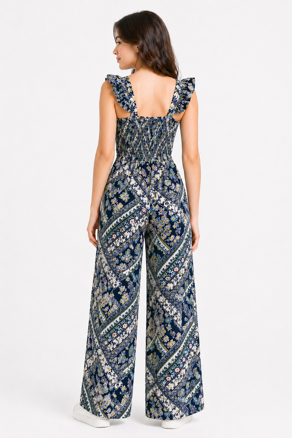 Juvenil Casual Summer Breathable Knitted American Jumpsuit Geometric Pattern Straps Full-Length Wide Pants Polyester/Cotton