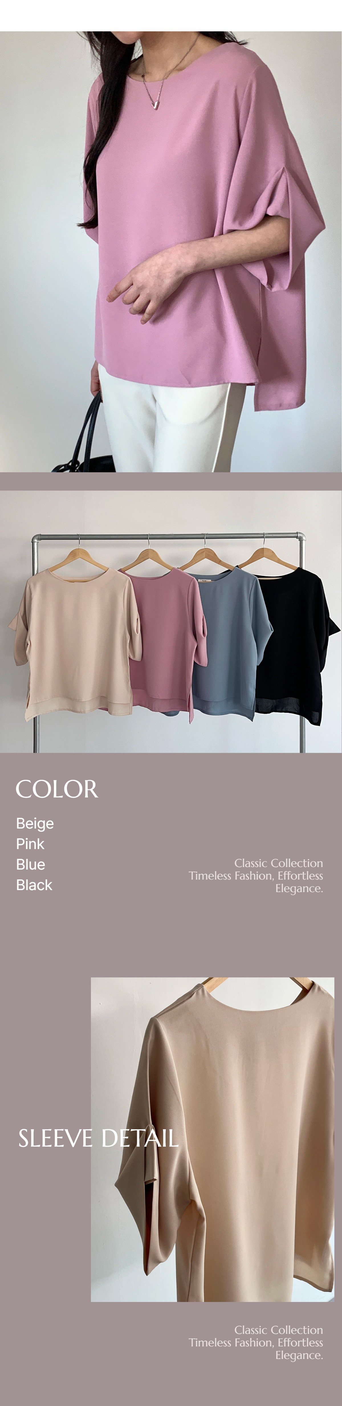 Korean Made Women's Blouse with Half Sleeve Puff Detail Soft Touch Neck Asymmetrical Hem 100% Polyester High Street Style Top